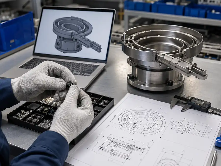 Reviewing component drawings and physical samples for bowl feeder design