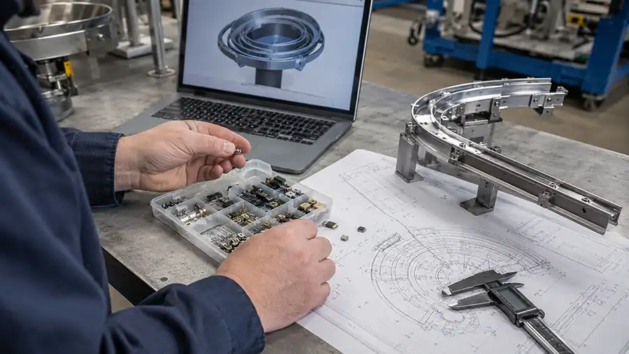 Reviewing component drawings and representative samples for a custom bowl feeder project