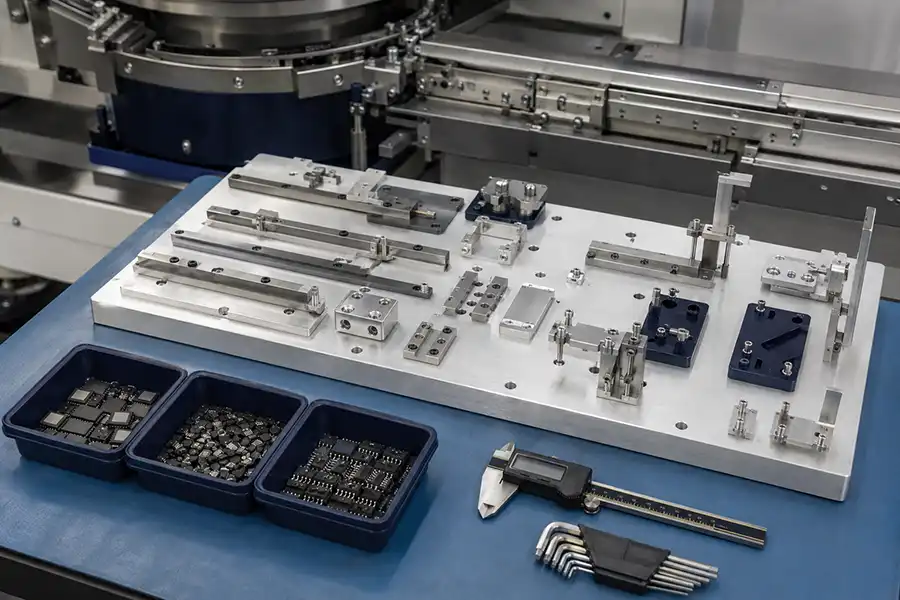 IC bowl feeder change parts and adjustable guide tracks for package changeover