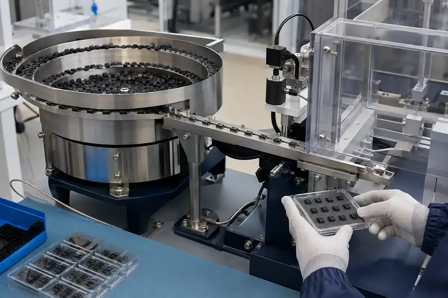 Representative IC package testing through a vibratory bowl feeder outlet