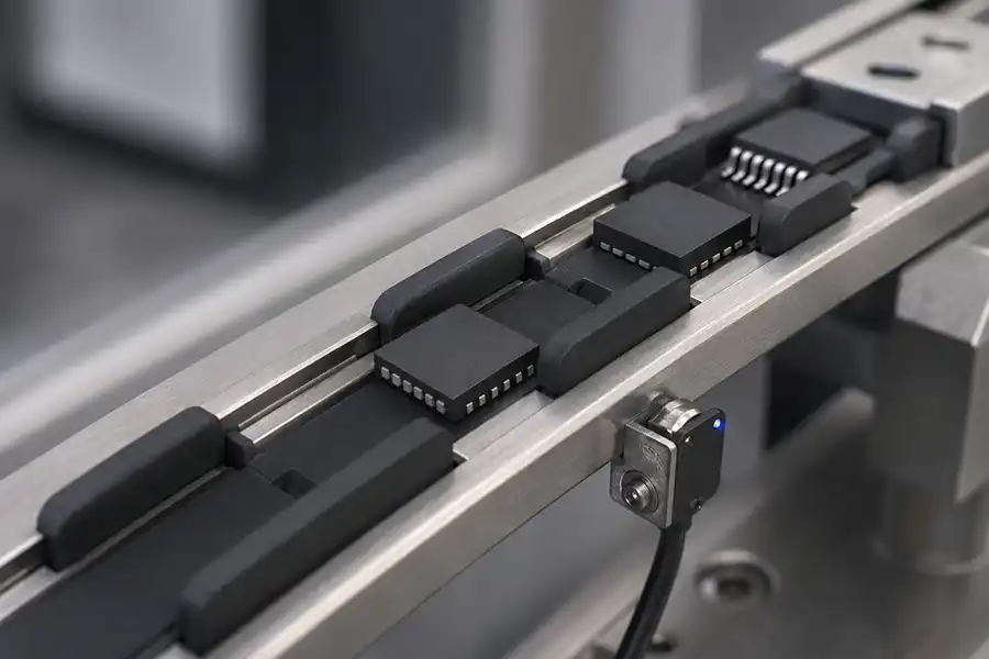 Precision feeder track designed for gentle handling of packaged IC devices