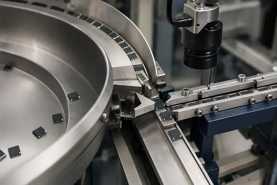 Bowl feeder tooling that controls IC package face and output direction