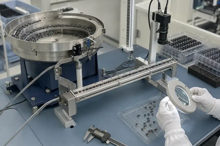 Representative IC package sample test on a custom vibratory bowl feeder