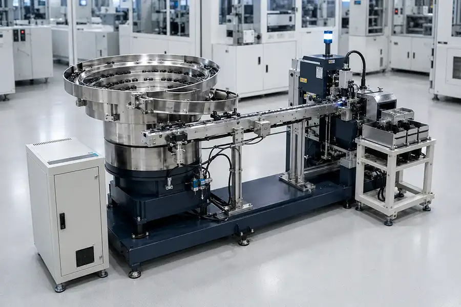 IC vibratory bowl feeder with precision linear track for semiconductor package handling