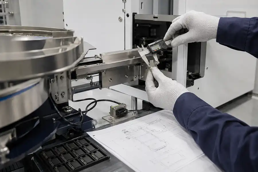 Test handler inlet measurement and semiconductor device sample review for bowl feeder retrofit