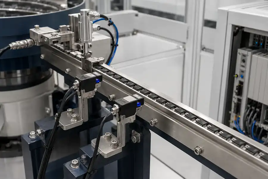 Semiconductor bowl feeder linear track with sensors and device escapement