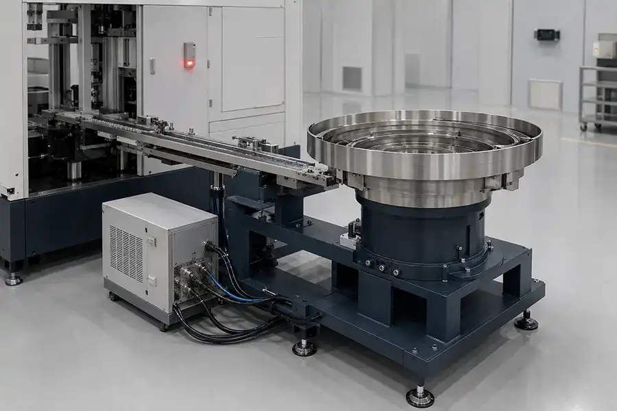 Test handler vibratory bowl feeder with controller and linear infeed track