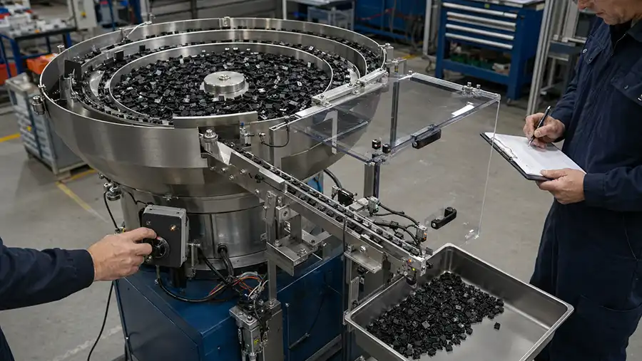 Factory acceptance testing for a custom vibratory bowl feeder