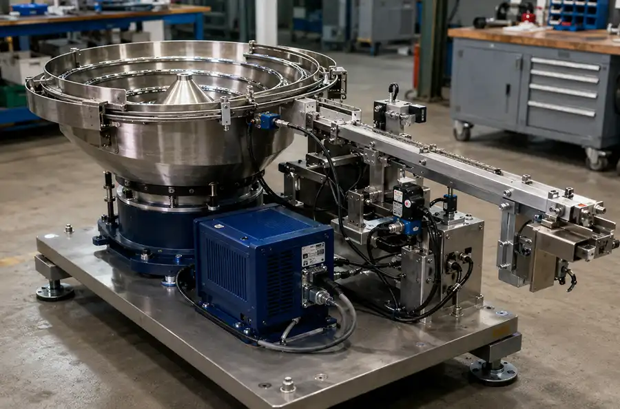 Custom vibratory bowl feeder project with controller and transfer track