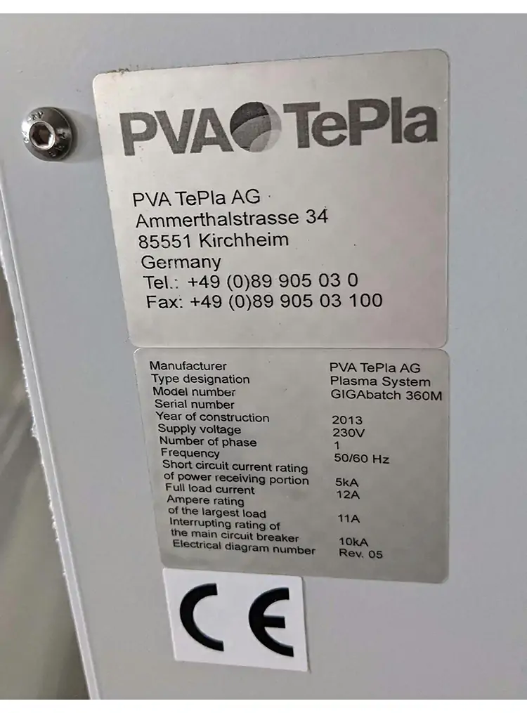 PVA TePla GIGAbatch 360M equipment nameplate PVA TePla GIGAbatch 360M equipment nameplate